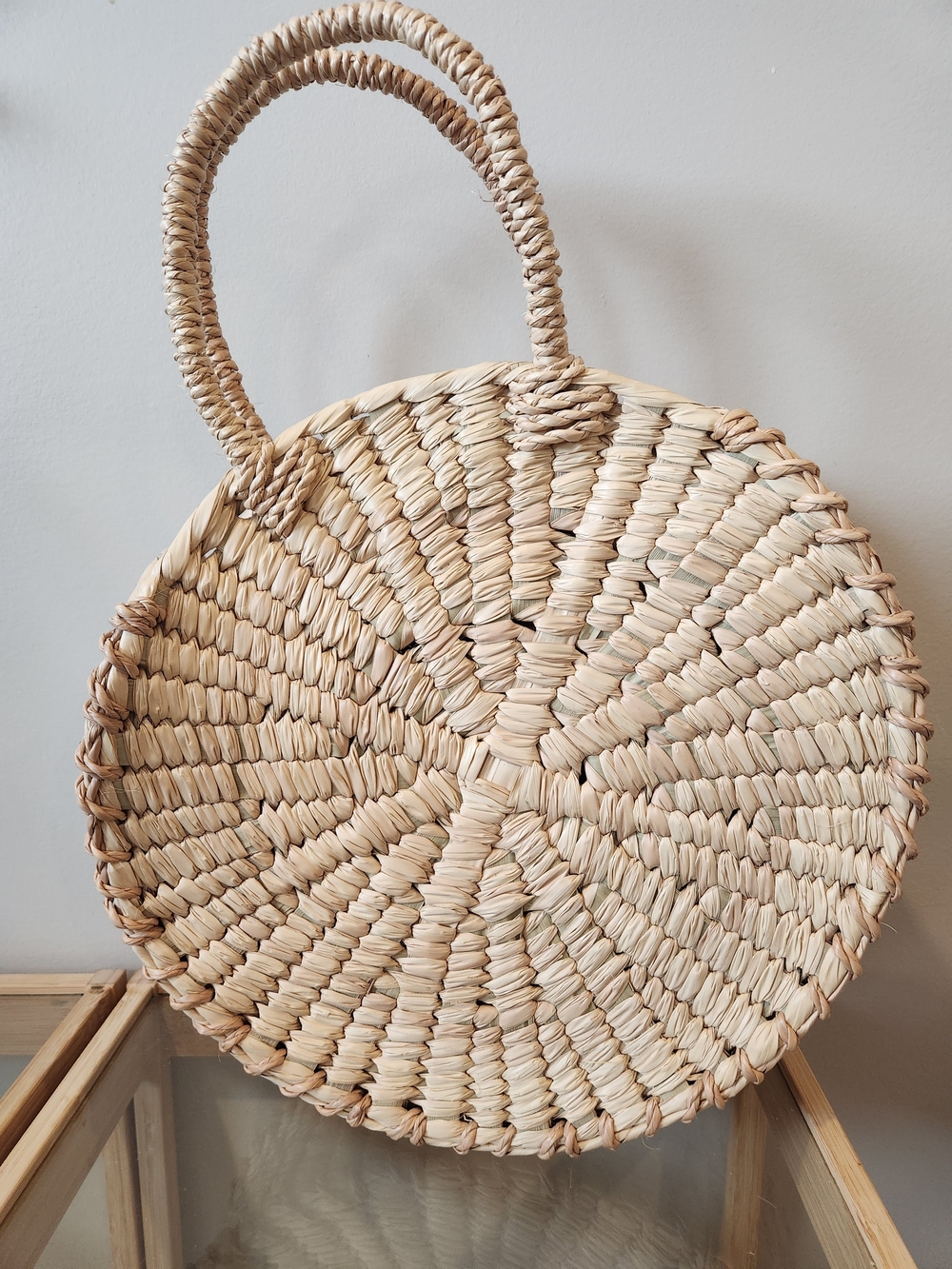 Handwoven Round Straw Tote Bag - Natural